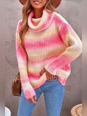 NEW WITH TAGS Medium Pink Yellow Ombre Cowl Neck Long Sleeve Sweater